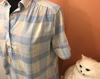 Vintage Plaid Shirt, Blue Cotton Blouse, Vintage 70s, Preppy Top, Short Sleeve Button Down Blouse, Summer Top (C102) GIFT