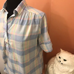 Vintage Plaid Shirt, Blue Cotton Blouse, Vintage 70s, Preppy Top, Short Sleeve Button Down Blouse, Summer Top (C102) GIFT