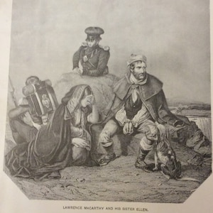 May include: A black and white engraving of a group of people, including a man in a military uniform, a woman in a cloak, and a man with a dog. The caption below the image reads "Lawrence Macarthy and his sister Ellen."