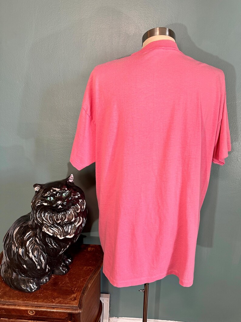 May include: A pink t-shirt on a mannequin. The t-shirt is plain with no visible graphics or text.