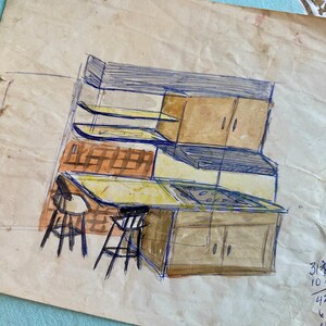Schizzo di cucina ad acquerello di metà secolo, concept art RARA, scheda tecnica per la ristrutturazione della cucina (AR-A665)