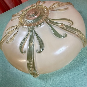 Vintage 1930s Custard Satin Glass Ceiling Light Shade 15 Inch Heavy Art Deco Floral Flush Mount Globe Clear Scrollwork (DE-A221)