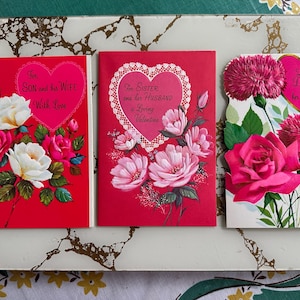 Juego de 3 tarjetas de San Valentín vintage: hermana, esposo, hija, hijo y esposa, años 60 y 70 (EP-A014)