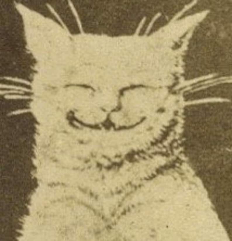 Może przedstawiać: Ilustracja w odcieniach sepii uśmiechniętego kota. Twarz kota jest szczeg&oacute;łowa z wąsami, wyrazem zamkniętych oczu i szerokimi, uniesionymi ustami. Obraz ma styl vintage, ręcznie rysowany, sugerujący klasyczny lub antyczny styl.