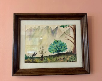 Original Watercolor Painting, Western Landscape, Cowboy on Horse, Original Art (AR-A761)