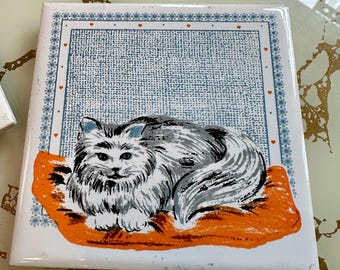 イギリス ヴィンテージ　　　　猫のコースター 80年代ヴィンテージのキャセイキャットアートタイル、くつろぐ猫の