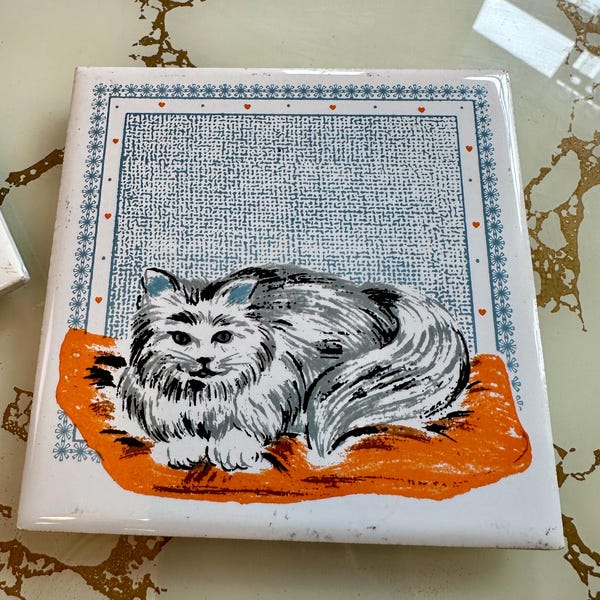 Vintage 80s Cathay Cat Art Tile, Lounging Cat Coaster