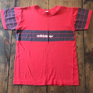 Vintage 80s Adidas, Retro Adidas Tshirt, Striped Adidas, Red Striped Racing Shirt, Sports Running, Youth Large, Adult XS (TS-A060-B959)