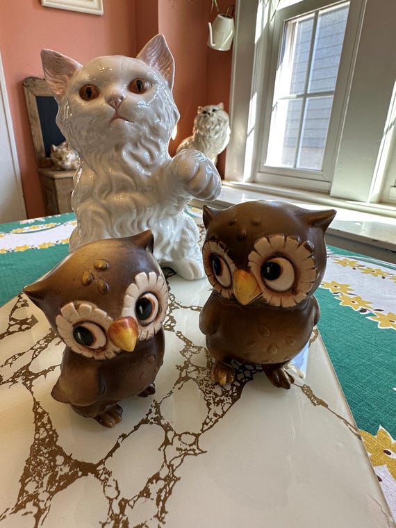 Vintage Owls, Set of 2, 1960s Josef Originals, Whimsical Woodland