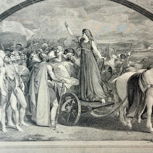 May include: A black and white historical print depicting a central figure standing on a chariot with one arm raised, surrounded by a large crowd of people and soldiers. A horse is positioned to the right, and the scene is framed by an arched border.