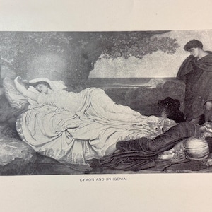 May include: Black and white illustration of a classical scene, featuring a woman in a flowing gown reclining on a bed. A man stands nearby, observing. The text "CYMON AND IPHIGENIA" is at the bottom.