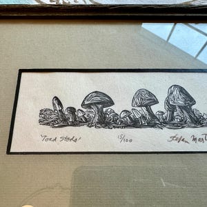 Può includere: Disegno a inchiostro nero e bianco di vari funghi intitolato "Tord Stods" e firmato "Lefen Martin". L'opera d'arte è numerata 15/100 ed è incorniciata in una cornice nera.