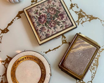 Vintage 1940s-1960s Powder Compact, Egin America, Faux Snakeskin, Tapestry (WN-A071, A072, A073)