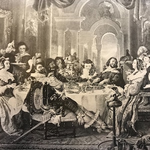 May include: A black and white illustration of a group of people seated around a table, enjoying a meal. The scene is set in a grand room with high ceilings and ornate decorations. The people are dressed in elegant clothing, and the table is laden with food and drink.