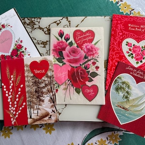 Juego de 5 tarjetas vintage de San Valentín: madre, sobrino, abuelos, tía, tío, década de 1960 y 1970 (EP-A019)