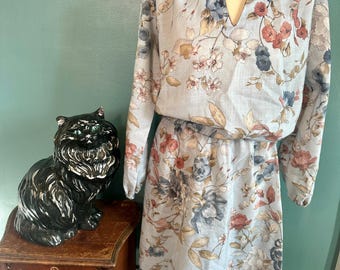 Vintage Blue Floral Print Secretary Dress, Long Sleeve, Size 16 (CL-A260)