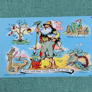 May include: Vintage postcard with a cartoon illustration depicting Cape Cod. The image features a fisherman, a cranberry tree, and other humorous scenes. Text includes "What Some Folks Think Cape Cod Is Like."