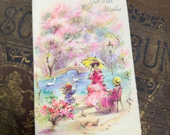 Get Well Card, 1950s, Park Bench Floral Watercolor (EP-A009)