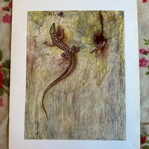 May include: An antique print featuring two lizards on a textured wall. The larger lizard is brown and black with a long tail, while the smaller lizard is positioned to the right. The artwork is signed in the bottom left corner.