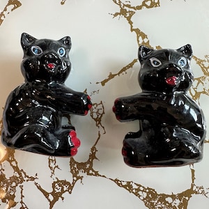 Vintage Black Cat Candle Holders, 1950s Japan Cat Figurines, Redware Cats, Ceramic Figurines (DE-A170)