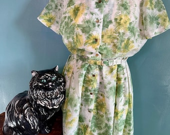 Vintage 1950s Floral Dress, Green Tropical Print, Belted Puritan Forever Young (CL-A166)