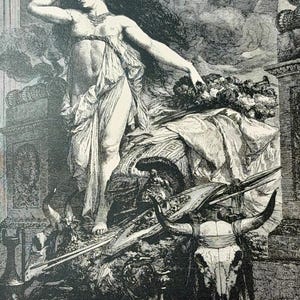 May include: Detailed black and white illustration depicting a classical scene. A woman in flowing robes stands atop a pile of objects, holding flowers. A bust of a man with a laurel wreath is in the background.