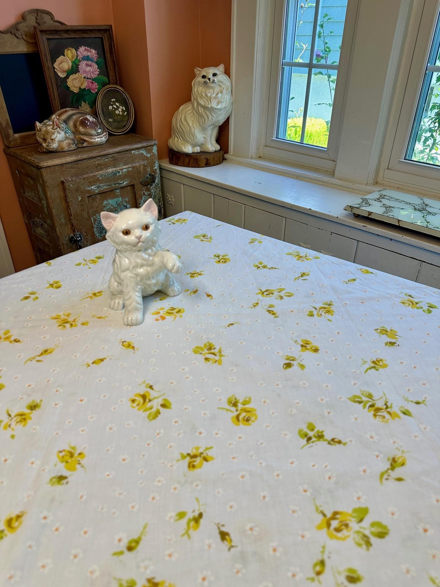 ヴィンテージ ツインフラットシーツ、1970年代 イエローローズ、ミニ