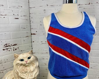 Vintage 70s Terry Tank, Diagonal Stripes, Sears, Red, White and Blue, Size S/M (CL-A171)