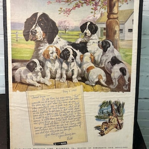 May include: Framed vintage print from The Saturday Evening Post featuring a family of English Setter dogs with their puppies. The artwork includes a handwritten letter and a small illustration of a soldier. The print is in a black frame.