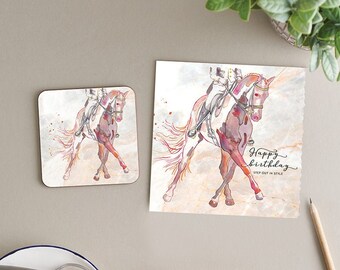 Happy birthday – step out in style, competition dressage horse design card + coaster gift set