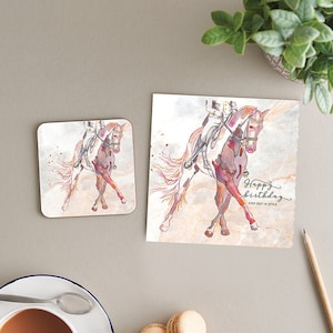 Happy birthday - stap uit in stijl, concurrentie dressuur paard design kaart + coaster cadeau set