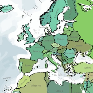 Pode incluir: Um mapa da Europa com pa&iacute;ses sombreados em tons de verde e castanho. O Oceano Atl&acirc;ntico e o Mar Mediterr&acirc;neo est&atilde;o rotulados. Pa&iacute;ses como Fran&ccedil;a, Alemanha e Espanha s&atilde;o claramente vis&iacute;veis.