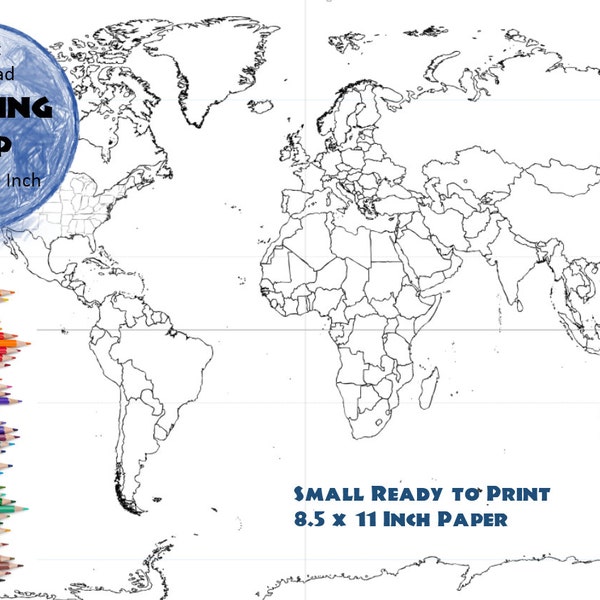 World Map Coloring Page | Black & White Map | Countries Outline | Map Without Labels, 8.5x11 inch
