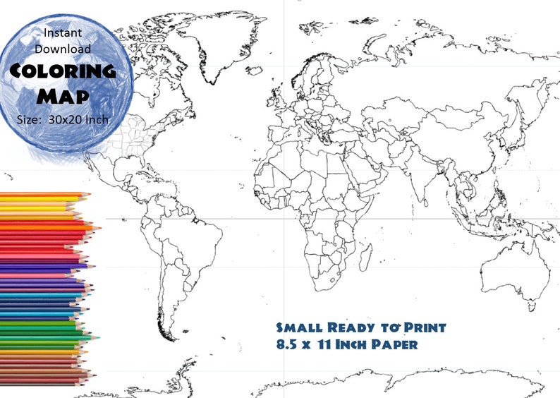 World Map Coloring Page | Black & White Map | Countries Outline | Map ...