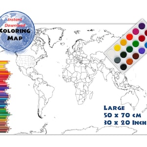 Carte de vente Etsy Carte du monde 50x70 cm ET 30x20 pouces | Carte à colorier | Aperçu des pays | Carte sans étiquettes | Téléchargement instantané
