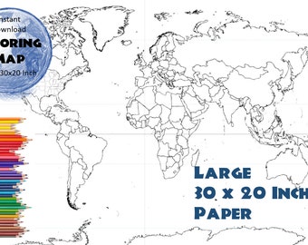 world map 30x20 inches coloring map black white map etsy