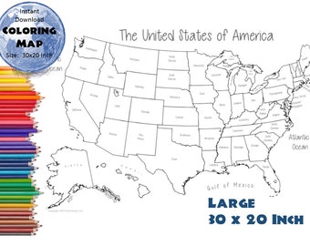 USA States Coloring Map Poster Page  | USA Outline  | State Labels | Blank Map | USA Map 30x20 inches, Instant download map