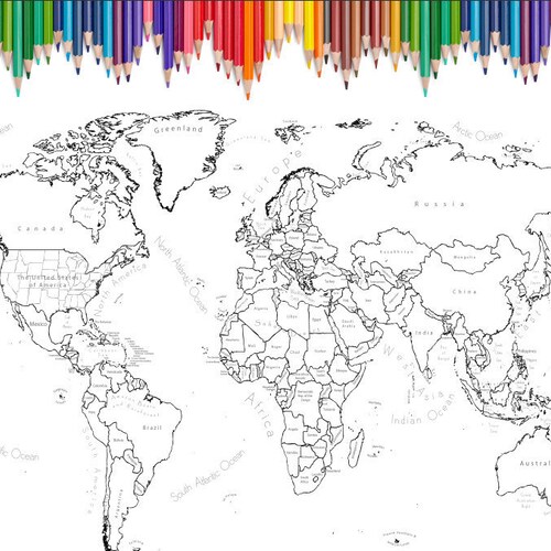 World Map Coloring Page Printable World Map Scrapbook Size Etsy