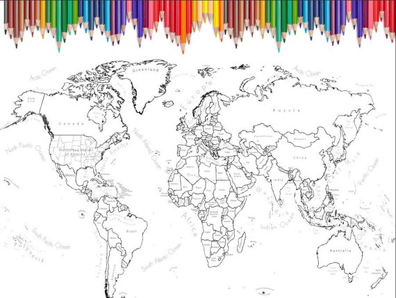 world map coloring page printable world map scrapbook size etsy