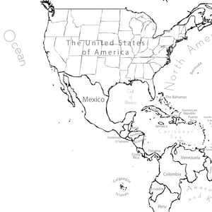 Pode incluir: Um mapa em preto e branco da Am&eacute;rica do Norte e do Sul, incluindo os Estados Unidos, o M&eacute;xico e as ilhas do Caribe. O texto "The United States of America" &eacute; vis&iacute;vel. O Oceano Pac&iacute;fico e a Floresta Amaz&ocirc;nica tamb&eacute;m est&atilde;o rotulados.
