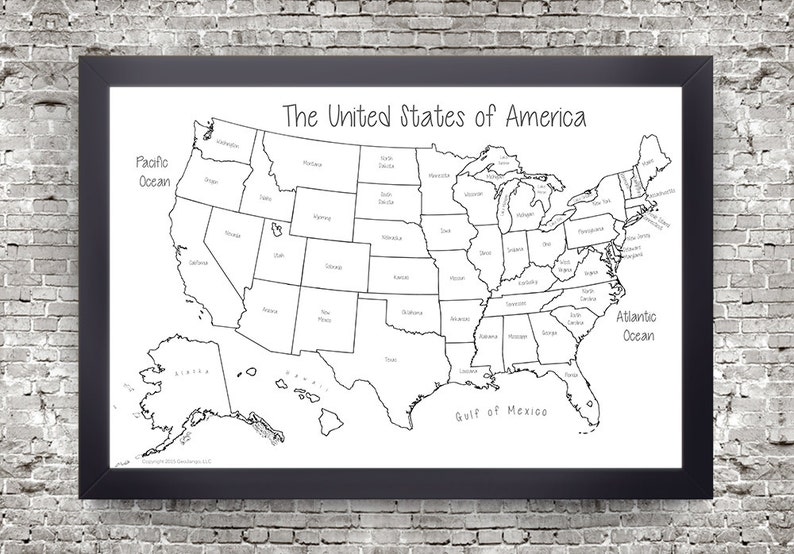 USA States Coloring Map Poster Page | USA Outline | State Labels