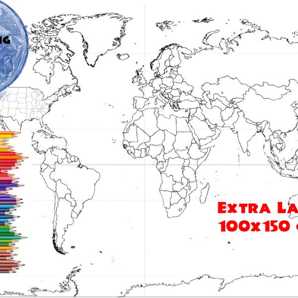 World Map Coloring Page, Coloring Book Page, USA States and Countries Outline, Map Without Labels, 100x150 cm