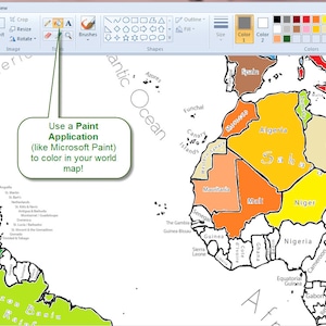 Pode incluir: Captura de tela de uma tela de computador exibindo um contorno do mapa-m&uacute;ndi dentro de um programa de pintura. O mapa est&aacute; parcialmente colorido, com o texto: "Use um aplicativo de pintura (como Microsoft Paint) para colorir seu mapa-m&uacute;ndi!"