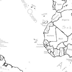 Pode incluir: Mapa-m&uacute;ndi a preto e branco mostrando continentes, pa&iacute;ses e oceanos. O mapa inclui o Oceano Atl&acirc;ntico, a Am&eacute;rica do Norte e partes de &Aacute;frica. Os nomes dos pa&iacute;ses est&atilde;o rotulados.