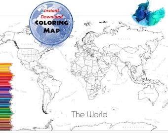 Page de coloriage de carte du monde, carte des ventes mondiales, carte du monde étiquetée A4 et 8,5 x 11 pouces | Livre de coloriage | Aperçu des pays | Carte avec étiquettes