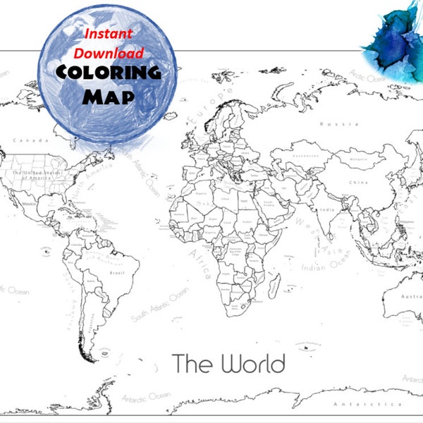 World Map Coloring Page, World Sales Map, Labeled World Map A4 and 8.5x11 inch |  Coloring Book | Countries Outline | Map with Labels