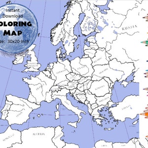 Europa Landkarte 30x20 zoll | Ausmalkarte | Schwarz-Weiß-Karte | Länder Gliederung | Enthält sowohl beschriftete als auch unbeschriftete Versionen der Karte