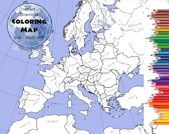 Mapa Europy 30x20 cali | Mapa do kolorowania | Mapa czarno-biała | Kontur krajów | Zawiera zarówno wersje mapy z etykietami, jak i bez etykiet