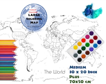 Carte du monde étiquetée - Carte des ventes Comprend des cartes de 30 x 20 pouces et 70 x 50 cm | Carte à colorier | Carte en noir et blanc | Aperçu des pays | Étiqueté
