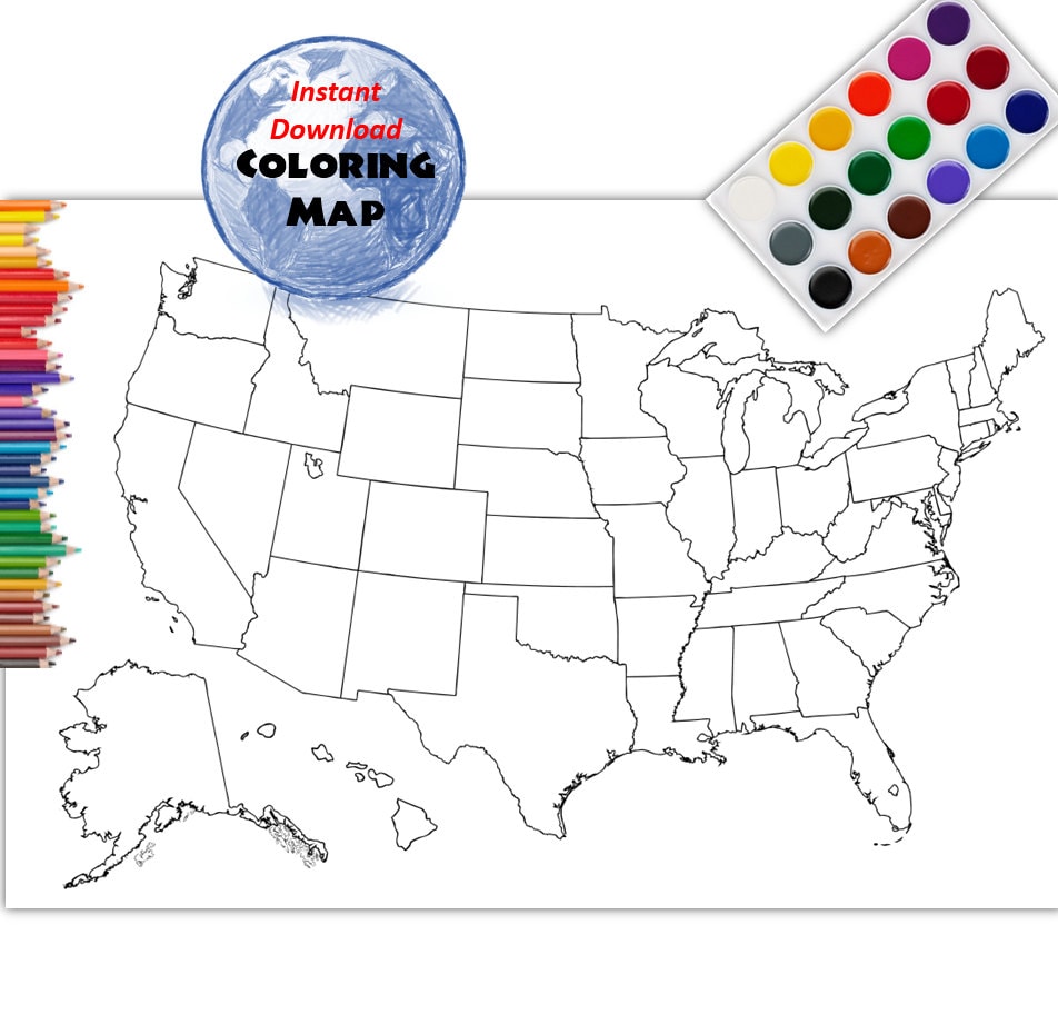 Etsy Coloring Map USA Coloring Page | USA Outline | Plain - No Labels | Blank Map | 30x20 inches and 50x70 cm | Instant download map